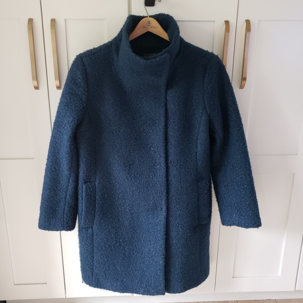 Ann Taylor Factory Boucle Coat Womens L Blue Funnel Neck Textured Wool Blend